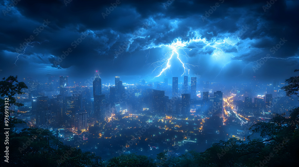 Fototapeta premium A dramatic lightning strike illuminates a cityscape at night, with stormy clouds overhead.