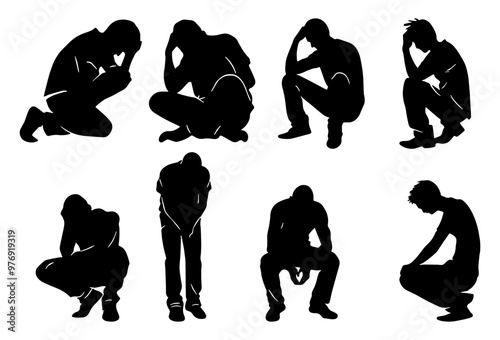 Sad Boys Silhouette. Flat Vector Illustration