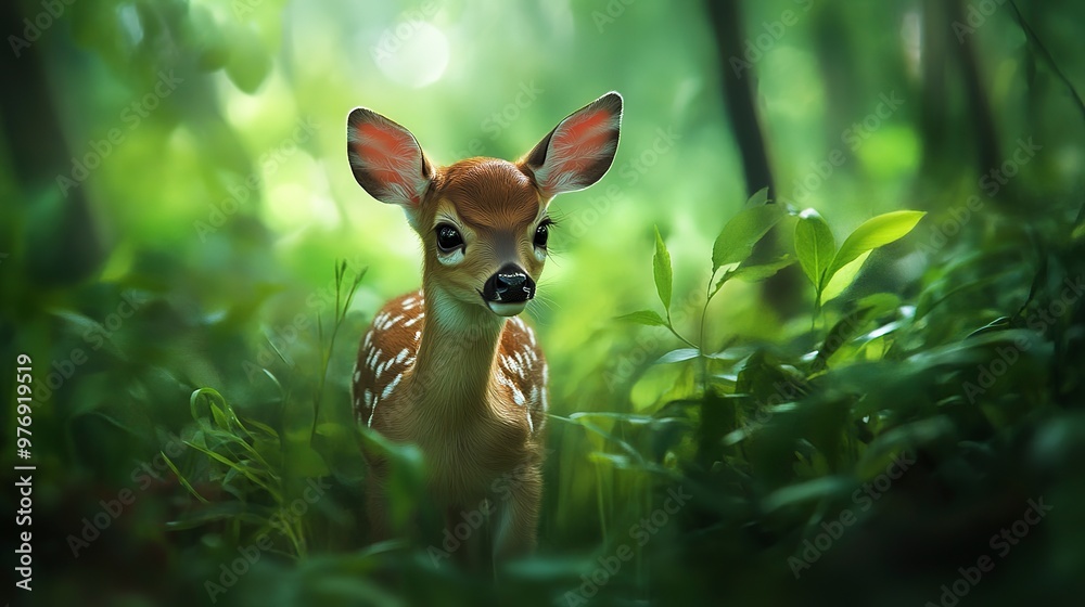A Curious Fawn in a Verdant Forest Clearing A Curious Fawn in a Verdant Forest Clearing