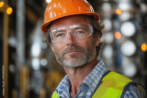 Wallpaper Mural A man wearing a safety vest and an orange hard hat. He is wearing safety glasses and has a beard Torontodigital.ca