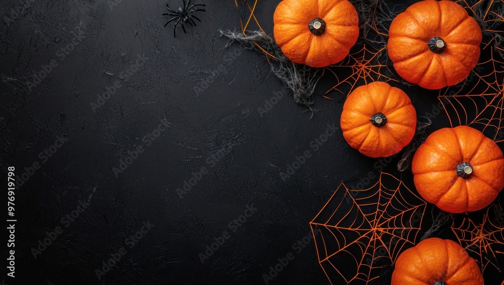 Halloween pumpkins and spider web decorations on a black background with copy space, top view. Halloween pumpkins and spider web decorations on a black background with copy space, top view.