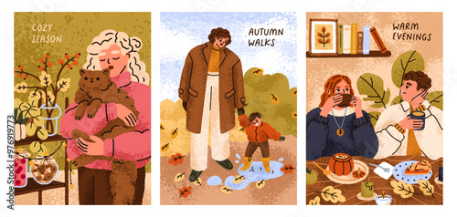 Autumn cards set. Cozy fall leisure, hygge time, poster designs. People with friends, pets, family outdoor, at home, at cafe. Vertical backgrouns, autumnal season vibe, mood. Flat vector illustration