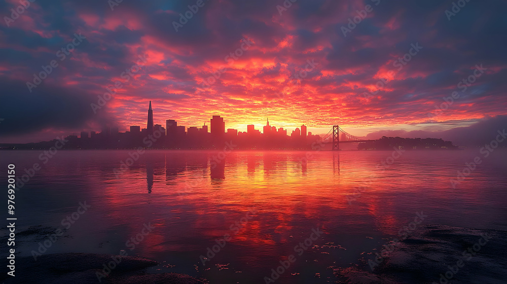 A dramatic sunrise over a city skyline with a bridge silhouetted against the fiery sky. A dramatic sunrise over a city skyline with a bridge silhouetted against the fiery sky.