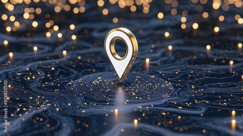 A location pin icon rests atop a blue globe illuminated by yellow lights, highlighting a global network. The digital design is perfect for technology presentations