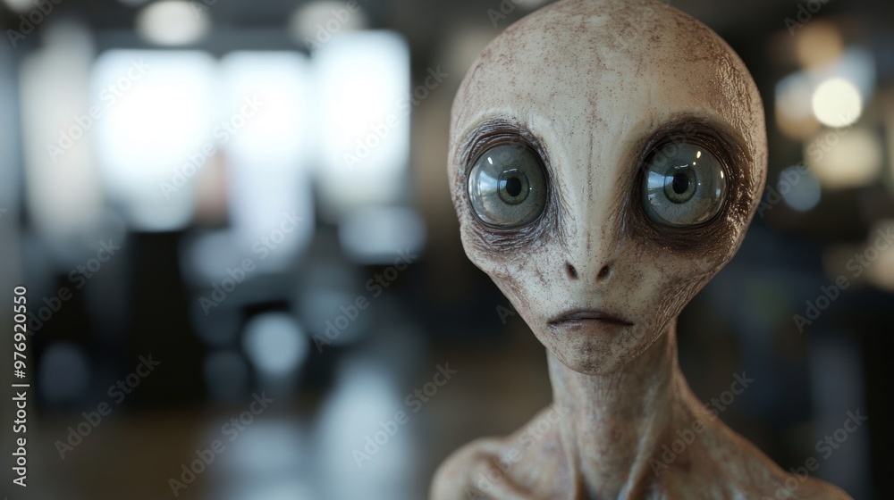 An alien creature with large, expressive eyes and detailed skin is captivatingly displayed in a modern, futuristic environment An alien creature with large, expressive eyes and detailed skin is captivatingly displayed in a modern, futuristic environment