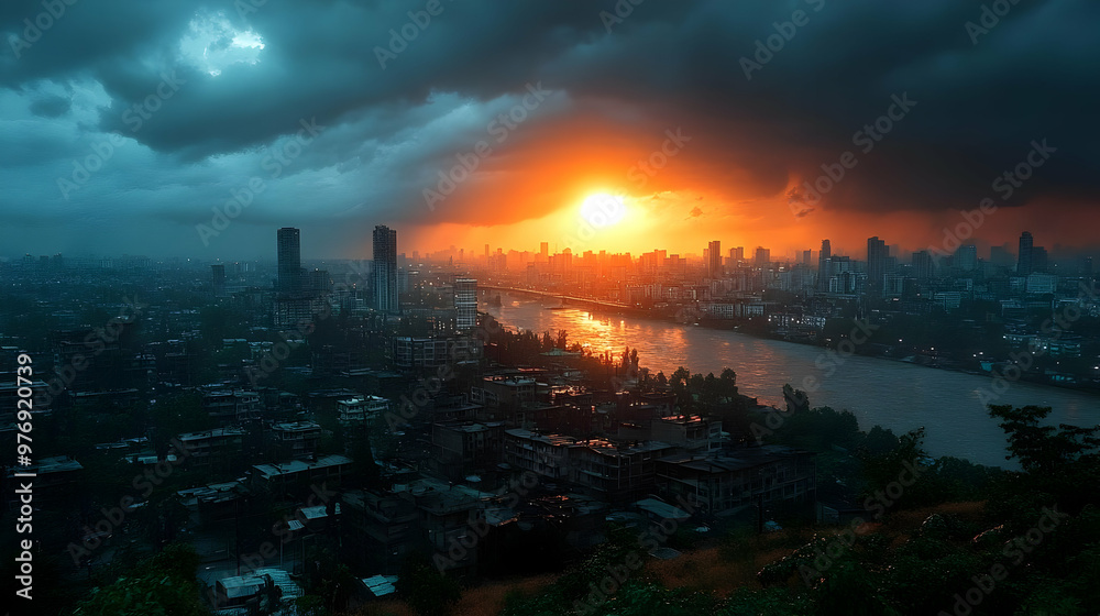 Naklejka premium A dramatic sunset over a city skyline with a river flowing through it.
