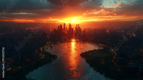 A dramatic sunset over a ci...