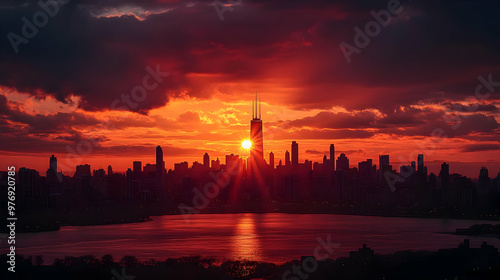 A dramatic sunset over a ci...