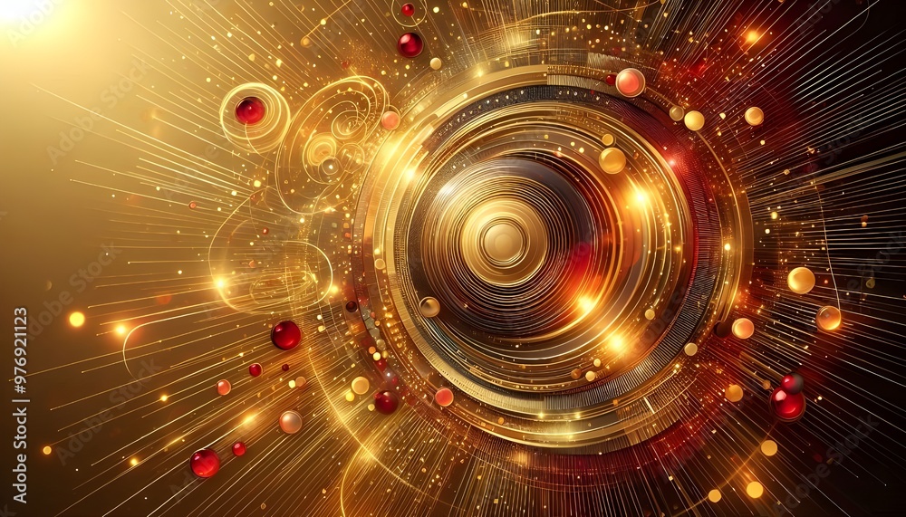 Golden and red circles with glowing rays abstract background Golden and red circles with glowing rays abstract background