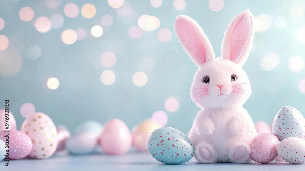 A cute fluffy bunny sits among colorful pastel Easter eggs on a vibrant purple backdrop, creating a joyful spring atmosphere A cute fluffy bunny sits among colorful pastel Easter eggs on a vibrant purple backdrop, creating a joyful spring atmosphere