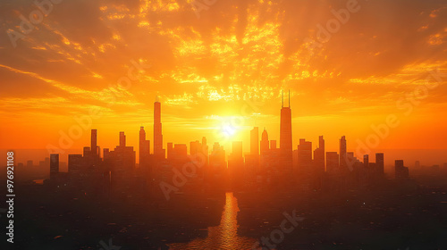 A dramatic sunset over a ci...
