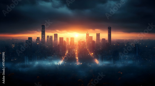 A dramatic sunset over a mo...