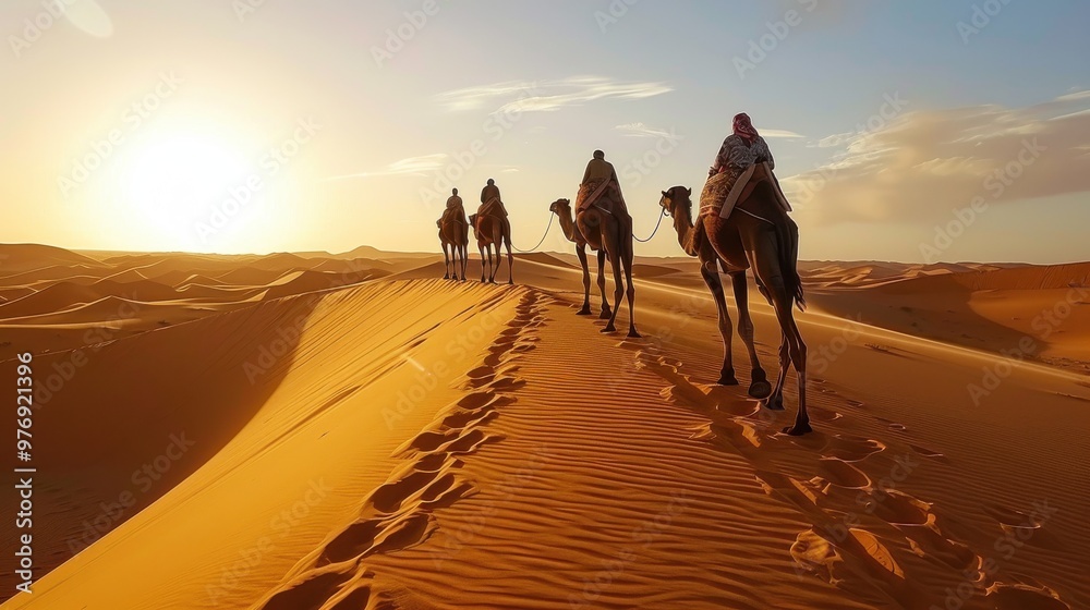 Fototapeta premium A camel trek through the Sahara Desert, emphasizing the delicate desert ecosystem.
