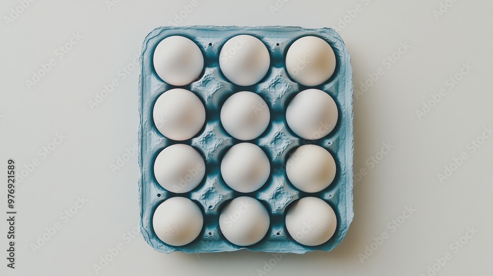 A dozen white eggs in a blue carton on a white table, exuding elegance and freshness. A dozen white eggs in a blue carton on a white table, exuding elegance and freshness.