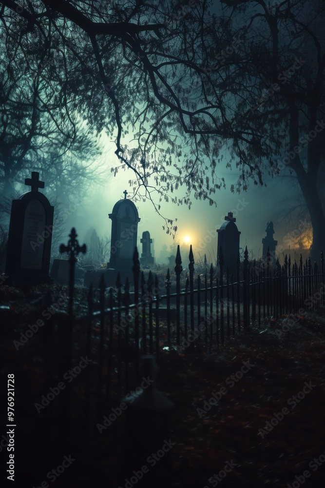 Misty Graveyard at Night with Silhouetted Tombstones and Eerie Lighting Misty Graveyard at Night with Silhouetted Tombstones and Eerie Lighting