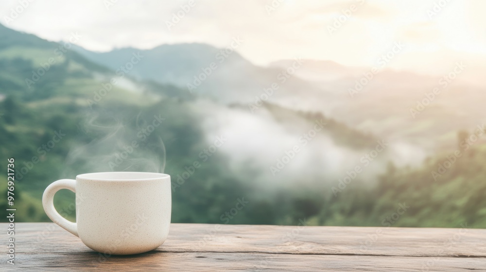 A steaming cup of coffee rests on a rustic wooden table, with soft mist enveloping the distant mountains at dawn
