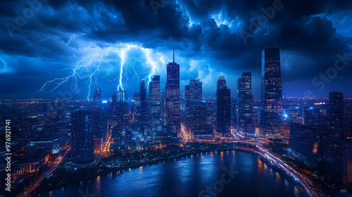 Wallpaper Mural A dramatic thunderstorm rages over a modern cityscape, with lightning illuminating the towering skyscrapers and urban sprawl. Torontodigital.ca