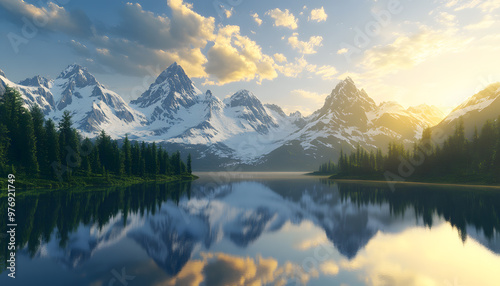 Nature Bliss: A serene mountain landscape with a lake reflecting the snowy peaks at sunrise