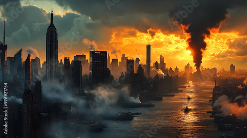 A dramatic, apocalyptic sunset over a modern cityscape with smoke billowing from a fire in the distance, creating a sense of impending doom. photo