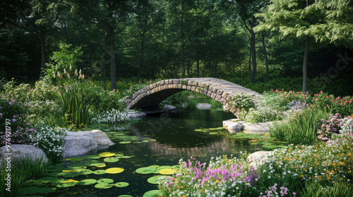 A picturesque pond with a quaint stone bridge arching over it, surrounded by lush greenery and wildflowers.