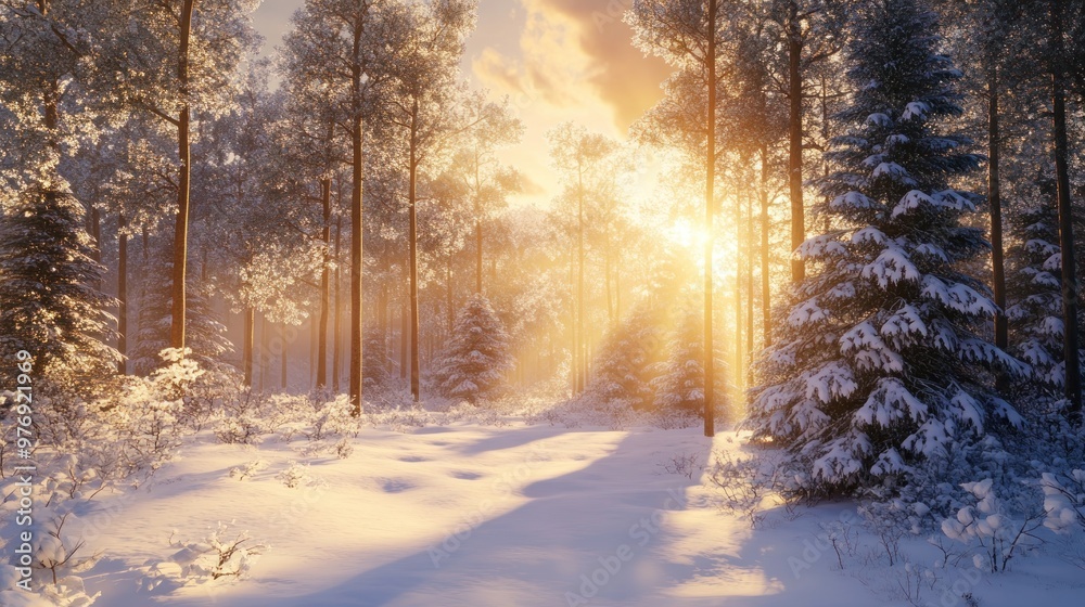 Fototapeta premium Sunlight breaks through the trees in a snow-covered forest at dawn, creating a crisp and clear winter atmosphere.