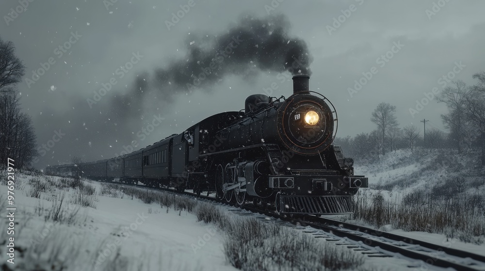 Obraz premium A black steam train cuts through a snowy countryside under an overcast sky, with a low angle capturing the moody atmosphere.
