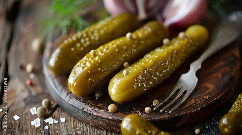 Pickled gherkins or onions on an iron chopping board with a fork