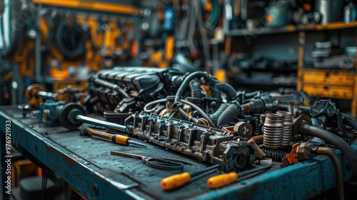 An in-depth look at an engine bay under repair, showing the carefully placed parts and tools