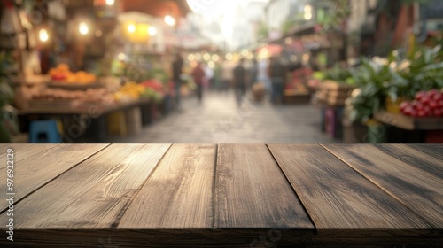 Empty wood table in an urban market with bright sunlight, blurred stalls, and a lively atmosphere.