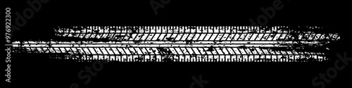 Grunge tire track, wheel braking marks. White truck, car or motorcycle tread pattern silhouette. Auto race, motorsport, speed racing design element. Vector illustration