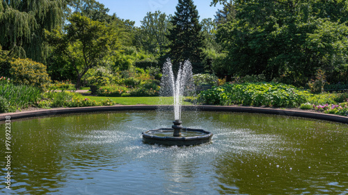 A peaceful pond with a fountain in the center, surrounded by neatly landscaped gardens in a park.