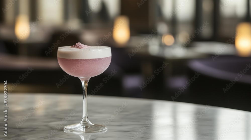 A beautifully crafted cocktail sits atop a marble table in a chic bar, radiating sophistication and inviting relaxation