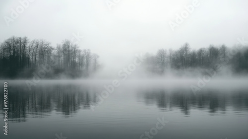 A foggy morning at a pond, with the mist hovering over the water and trees barely visible in the background.