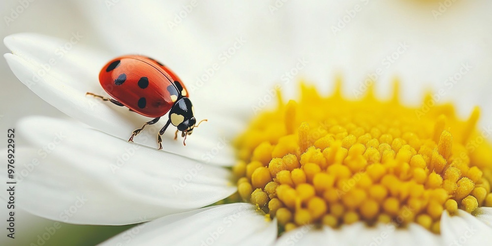 A vibrant ladybug crawls on a white daisy. This close-up captures the beauty of nature. The style is fresh and detailed, ideal for nature lovers and educational purposes. AI A vibrant ladybug crawls on a white daisy. This close-up captures the beauty of nature. The style is fresh and detailed, ideal for nature lovers and educational purposes. AI