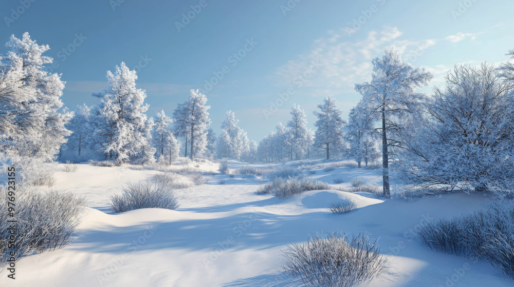 A serene winter landscape with snow-covered trees and a clear blue sky, creating a peaceful and quiet scene. A serene winter landscape with snow-covered trees and a clear blue sky, creating a peaceful and quiet scene.
