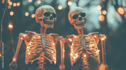 Two whimsical skeletons adorned with lights stand in a mystical Halloween setting surrounded by glowing lanterns