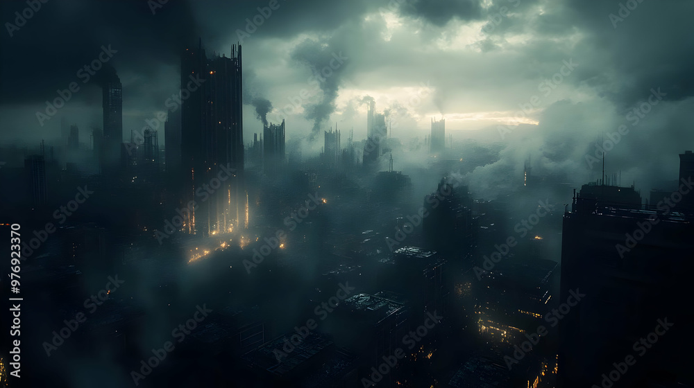 A dystopian city skyline with tall buildings shrouded in smoke and fog, with a faint glow of light emanating from the windows of the buildings.