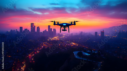 A drone flying over a city ...