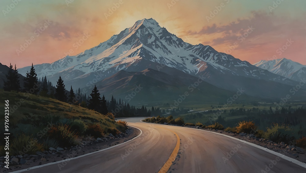 Scenic View of Winding Road Leading to Snow-Capped Mountain at Sunset Scenic View of Winding Road Leading to Snow-Capped Mountain at Sunset