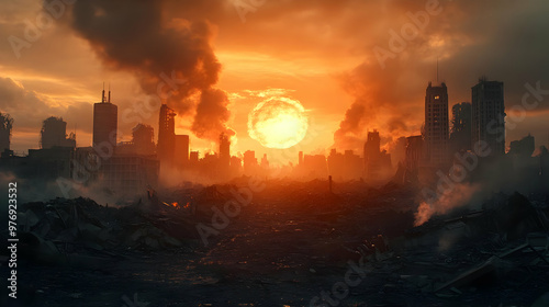 A dystopian cityscape at su...