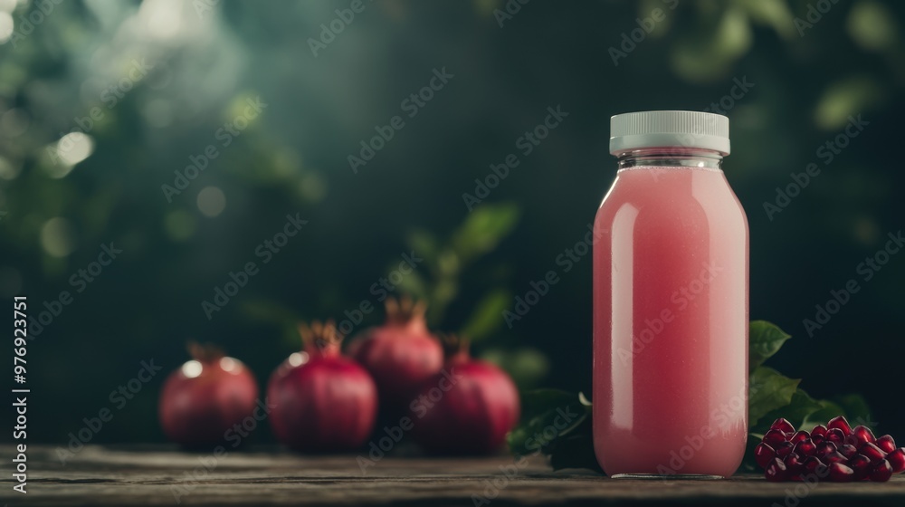 Bright pomegranates and a bottle of freshly squeezed juice rest on a wooden table, illuminated by soft natural light Bright pomegranates and a bottle of freshly squeezed juice rest on a wooden table, illuminated by soft natural light