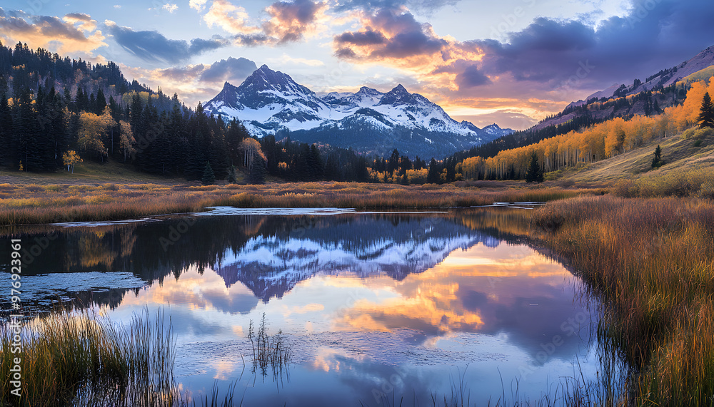Fototapeta premium Nature Bliss: A serene mountain landscape with a lake reflecting the snowy peaks at sunrise