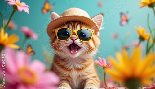 A playful portrait of a small, fluffy cat wearing a tiny hat and sunglasses.