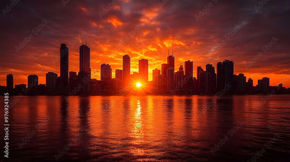 A fiery sunrise over a city skyline, with the sun peeking out from behind the buildings and reflecting in the water. A fiery sunrise over a city skyline, with the sun peeking out from behind the buildings and reflecting in the water.