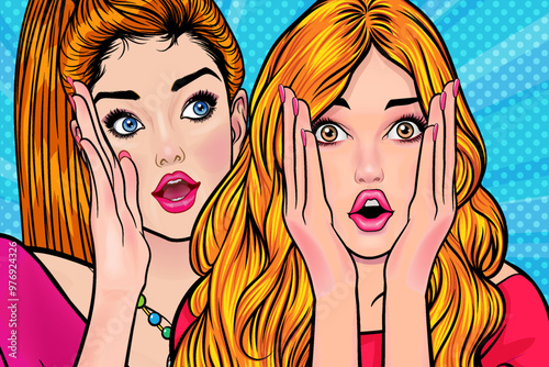 Woman whispering gossip secret to her friend surprise In Retro Vintage Pop Art Comic Style
