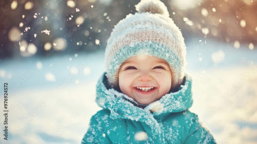 A happy child is playing in soft snow, laughing and enjoying the winter weather while wearing a colorful winter coat and hat A happy child is playing in soft snow, laughing and enjoying the winter weather while wearing a colorful winter coat and hat