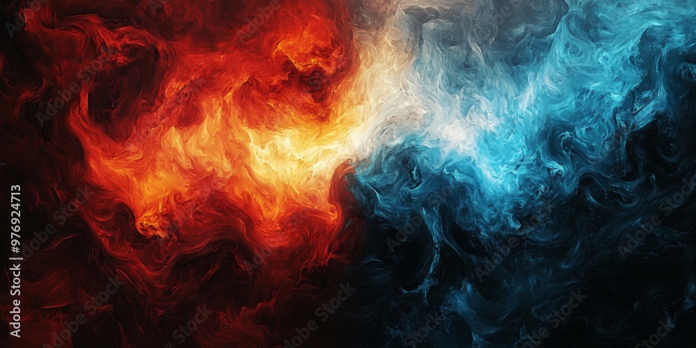 A dramatic interplay of fiery red and icy blue smoke swirls, symbolizing opposing forces and dynamic balance A dramatic interplay of fiery red and icy blue smoke swirls, symbolizing opposing forces and dynamic balance