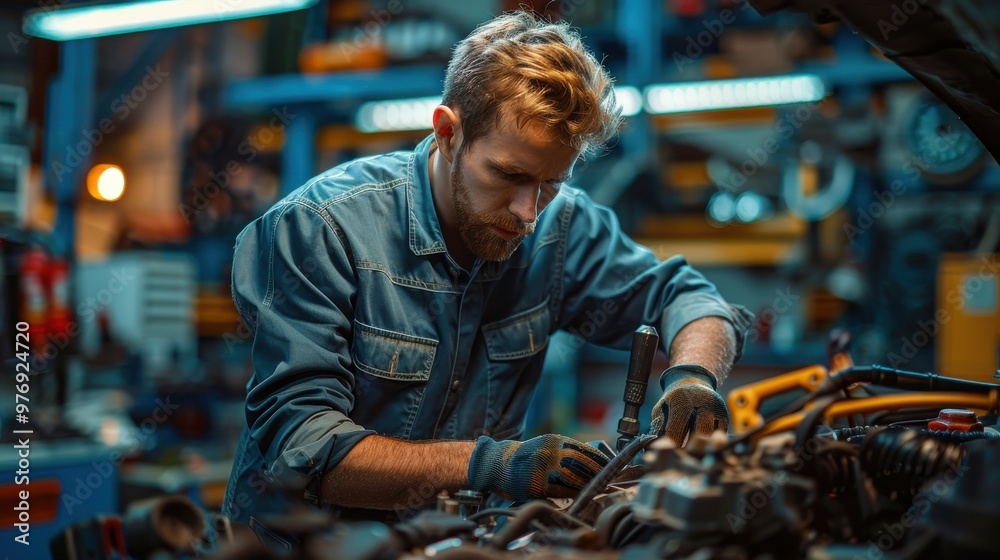 A skilled mechanic working on a car engine in a busy garage, surrounded by various tools and parts, magazine photography, Canon EOS R5, color A skilled mechanic working on a car engine in a busy garage, surrounded by various tools and parts, magazine photography, Canon EOS R5, color