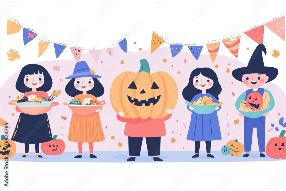 Halloween Party Fun: Cute cartoon kids dressed in Halloween costumes celebrate with pumpkins and snacks under festive decorations. Halloween Party Fun: Cute cartoon kids dressed in Halloween costumes celebrate with pumpkins and snacks under festive decorations.