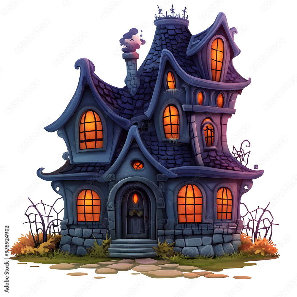 Obraz premium Cute Haunted Mansion with Halloween Theme in Cartoon Style on White Background